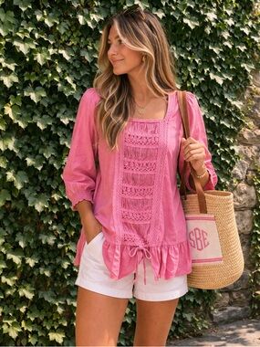 NAF NAF Rose Pink Embellished Peasant Blouse, M